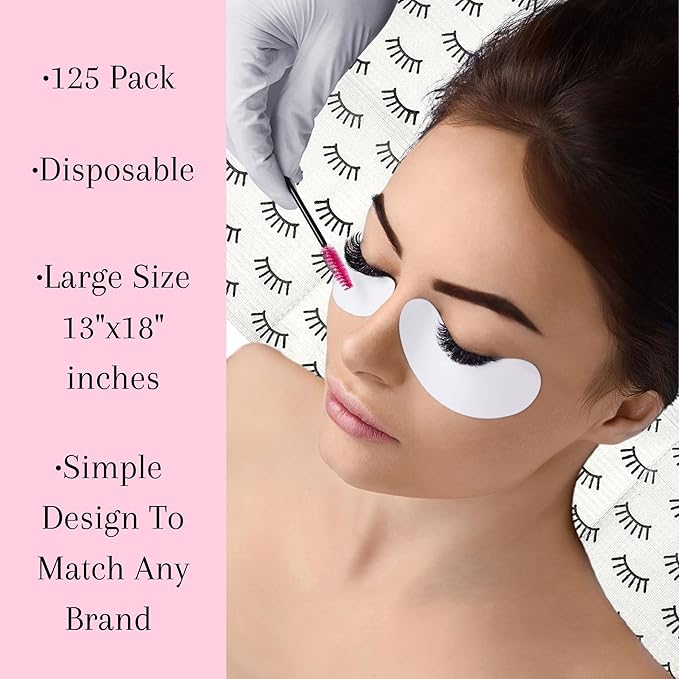 Disposable Lashing Dental Bib | 125 Pack | Size 13x18" inches | Eyelash Extension Supplies | White Bib with Simple Lash Print Design