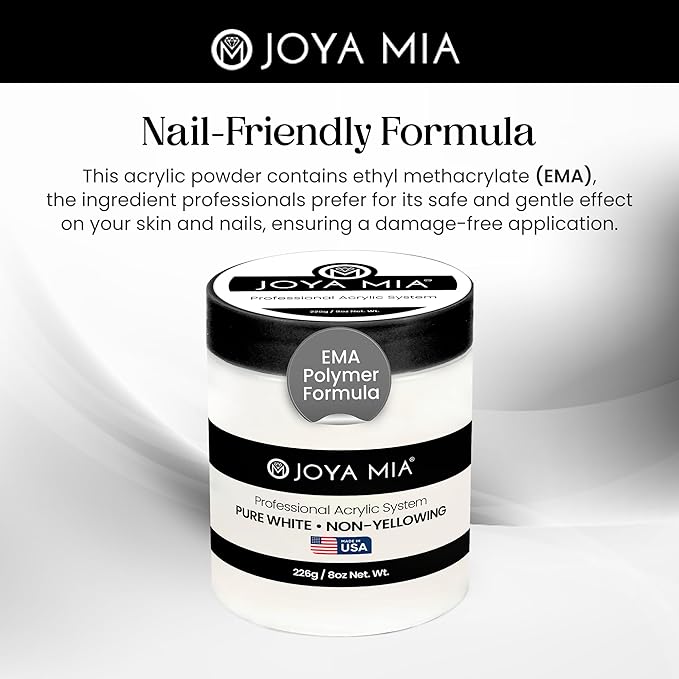 Joya Mia Acrylic Powder for Nails, MMA-Free, Super Adhesion Professional Powder for Flawless & Long-Lasting Nail Enhancements, Easy Application, Vibrant & Stunning Colors - Pure White, 8 oz