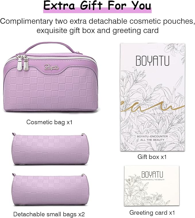 BOYATU Travel Makeup Bag Organizer Cosmetic Bag: 3 Pcs Set Make up Bags for Women with Handle - Waterproof Vegan Leather Toiletry Bags with Comparments (Purple)
