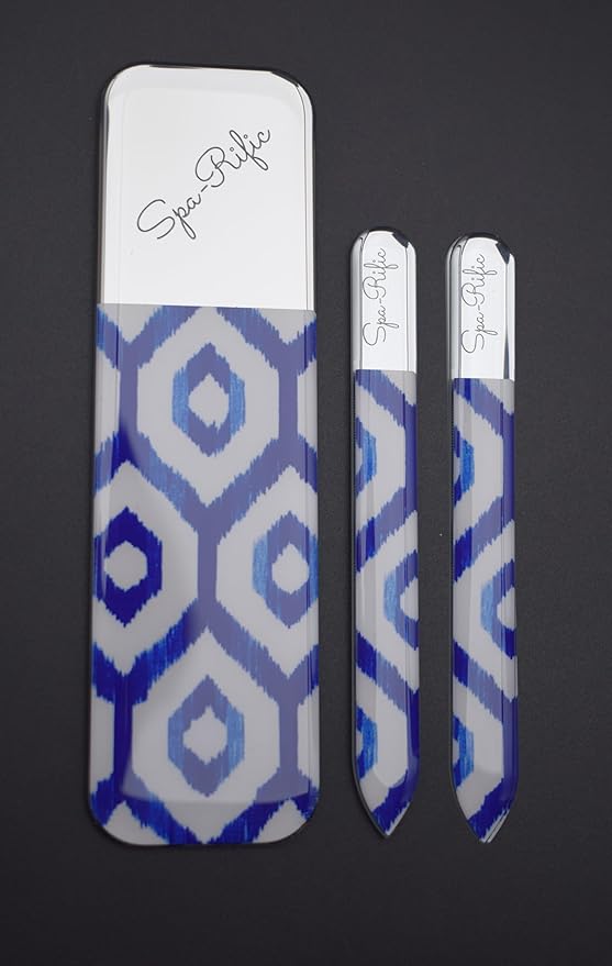 Spa-Rific 3pc Nano File Set: Professional Heavy Duty Glass Nail Files with Case Kit - Reusable Crystal Fingernail Manicure and Pedicure Tools for Men, Women, and Adults - Navy Ikat