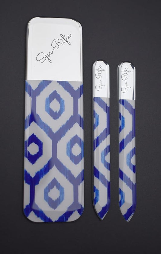 Spa-Rific 3pc Nano File Set: Professional Heavy Duty Glass Nail Files with Case Kit - Reusable Crystal Fingernail Manicure and Pedicure Tools for Men, Women, and Adults - Navy Ikat
