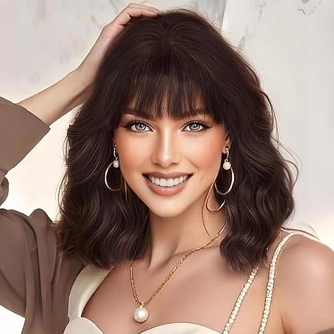 AISI HAIR Chocolate Brown Synthetic Wavy Curly Bob Wig with Bangs Short Wavy Hair for Women Synthetic Heat Resistant Bob Wigs