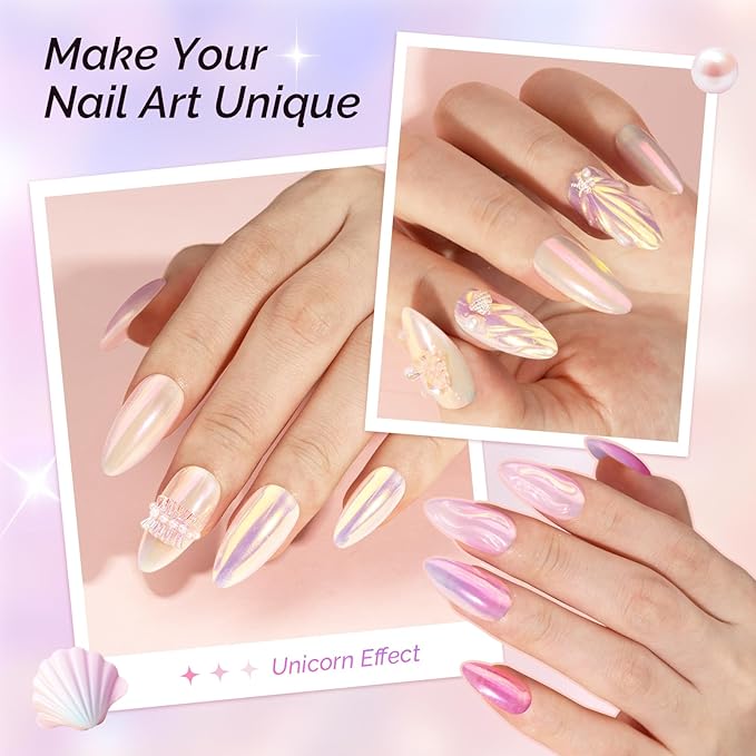 MelodySusie 9Pcs Unicorn Chrome Nail Powder,Ice Transparent Aurora,Mirror Effect,Color Changing Pearlescent,Multi-color Chrome Rainbow Pigment Super Shiny,Suitable for Home DIY Nail Salon