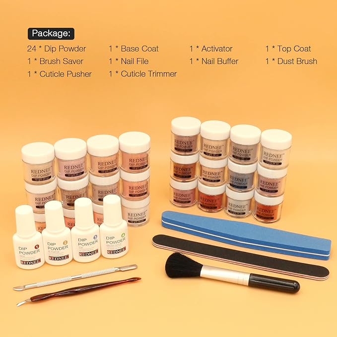 REDNEE 33pcs Dip Powder Nail Kit 24 Colors Nude Gray Series Dip Manicure Kit with Dipping Powder System Liquid Set and Essential Manicure Tools for French Nail Art Design Home DIY RE83