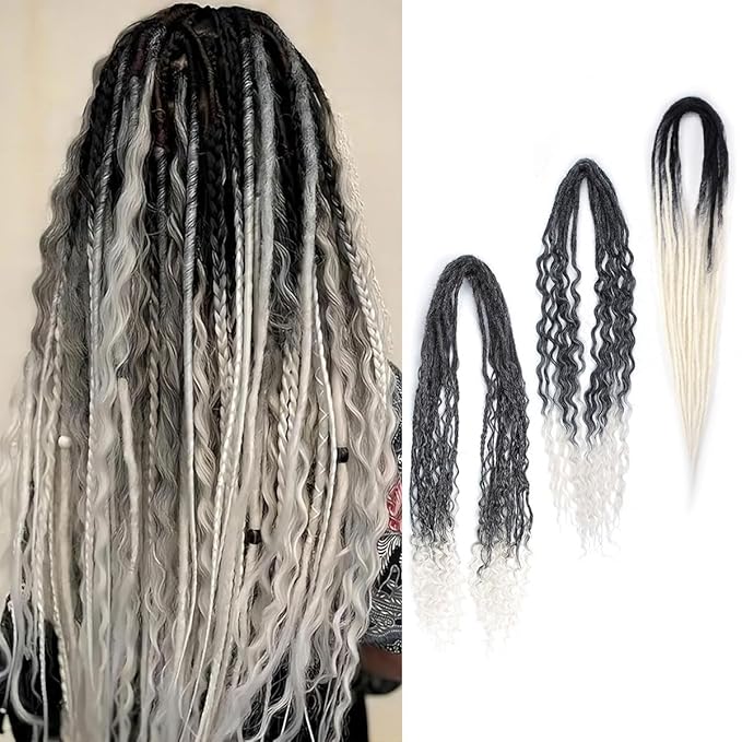24 Inch Double Ended Dreadlock Extensions Sets, 20 Strands 3 In 1 Mixed Synthetic Dreads Extensions, Gray to White Straight&Curly&Boho Handmade Dreads Hippie Style Dreadlocks for Woman