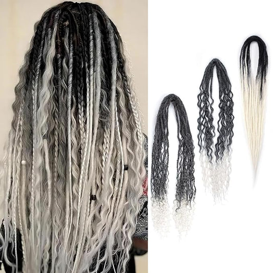 24 Inch Double Ended Dreadlock Extensions Sets, 20 Strands 3 In 1 Mixed Synthetic Dreads Extensions, Gray to White Straight&Curly&Boho Handmade Dreads Hippie Style Dreadlocks for Woman