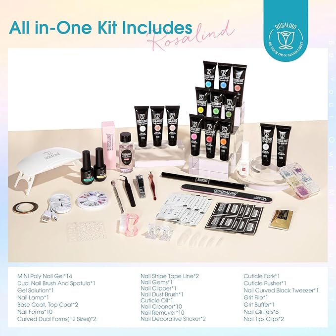 ROSALIND Poly Nail Gel Colors Kit -14 Colors +72 Nail Art Accessories kit Poly Nails Gel Kit Starter Kit with Mini UV Lamp Slip Solution Spring Poly Nail Art Tools for Beginners with Everything