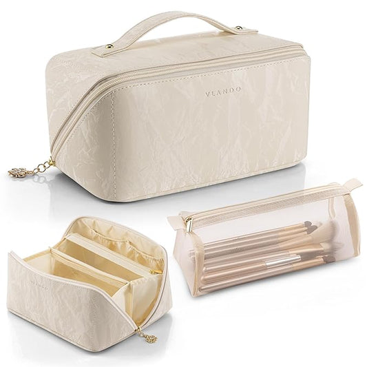 Vlando Makeup Bag,Travel Makeup Bag Christmas Gifts for Women Travelers Open Flat Make up Organizer,Gift Ideas for Girls,Sister(Cream White)