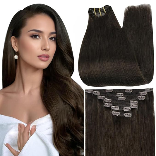 Full Shine Brown Human Hair Clip in Extensions Dark Brown Clip in Hair Extensions Real Human Hair Triple Weft Brunette Hair Extensions for Women Straight 14 Inch 7 Pcs 120 G
