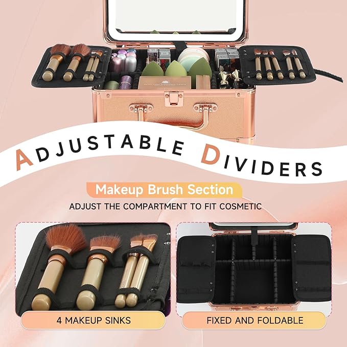 Leeora&Leekoo Makeup Box with LED Mirror & Aluminum Frame, Compact Multi-Layer Cosmetic Organizer - Portable ABS Travel Train Case for Makeup Storage(Gift for Girlfriend/Daughter) (Gold)