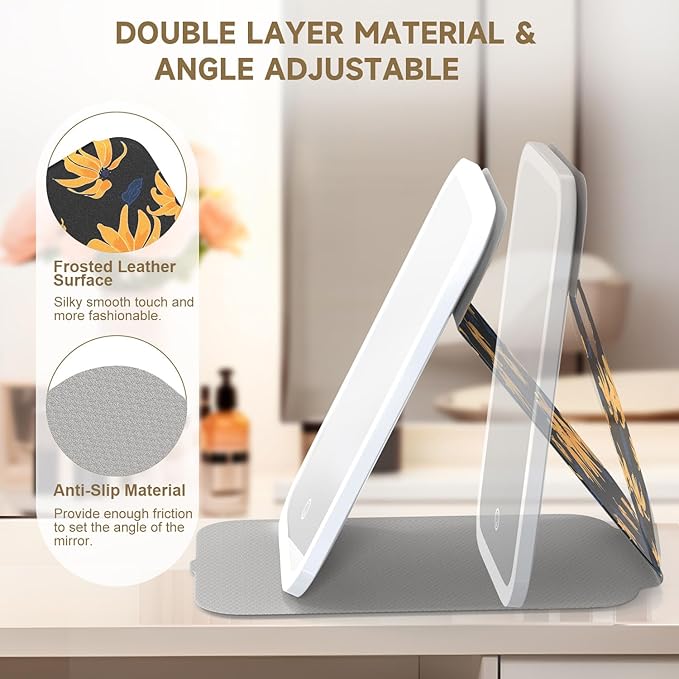 Mocado Travel Makeup Mirro with Lights, 360° Rotation Lighted Makeup Mirror, Portable Mirror with 10x Magnification, 60LEDs 3 Color Lightings, Dimmable Touch Screen, Tabletop Light up Mirror(Daisy)