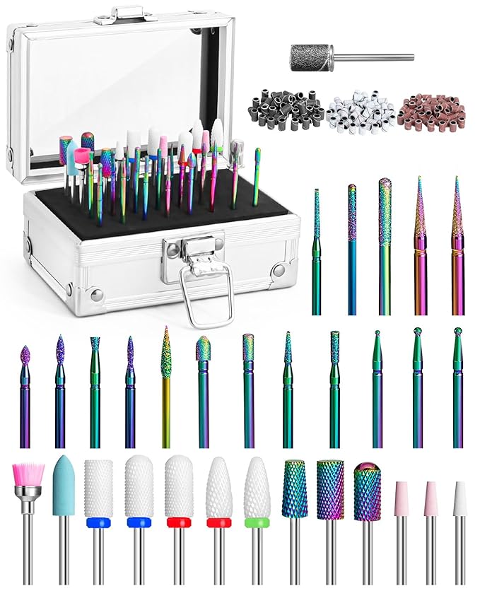 Onism 30Pcs Nail Drill Bits Set - 3/32 Inch Tungsten Carbide Ceramic Nail Bits Kit with Nail Tool Box & Sanding Bands, Professional Manicure Pedicure Remover for Acrylic Gel Nail Polish, Silver
