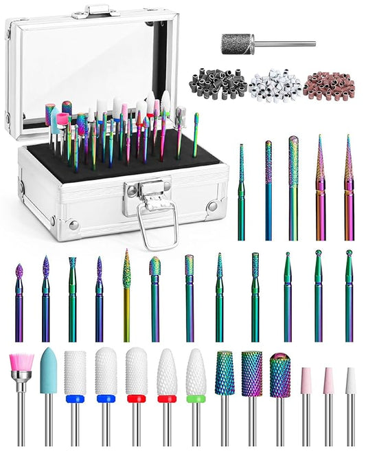 Onism 30Pcs Nail Drill Bits Set - 3/32 Inch Tungsten Carbide Ceramic Nail Bits Kit with Nail Tool Box & Sanding Bands, Professional Manicure Pedicure Remover for Acrylic Gel Nail Polish, Silver