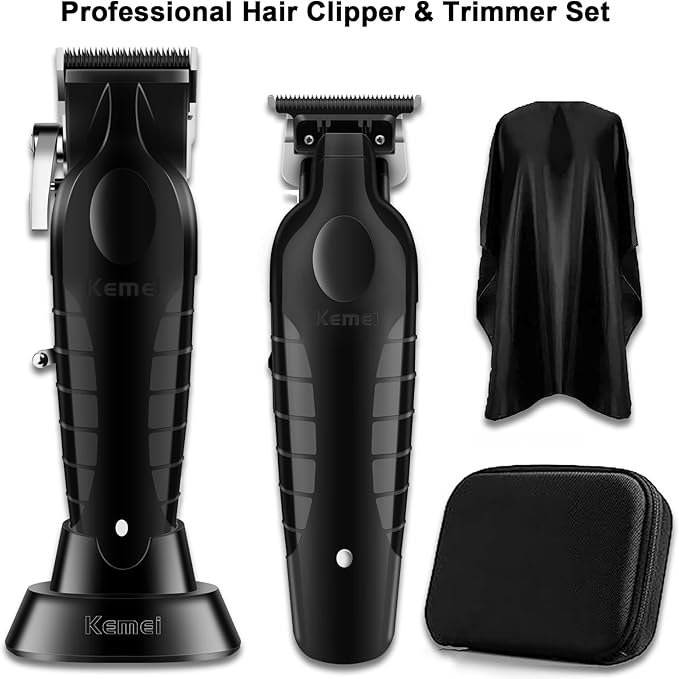 KEMEI Black Professional Hair Clippers and Trimmers Set, Electric Hair Clippers for Men, Cordless Barber Clippers, T Blade Trimmer, Rechargeable Haircut Fade Clippers