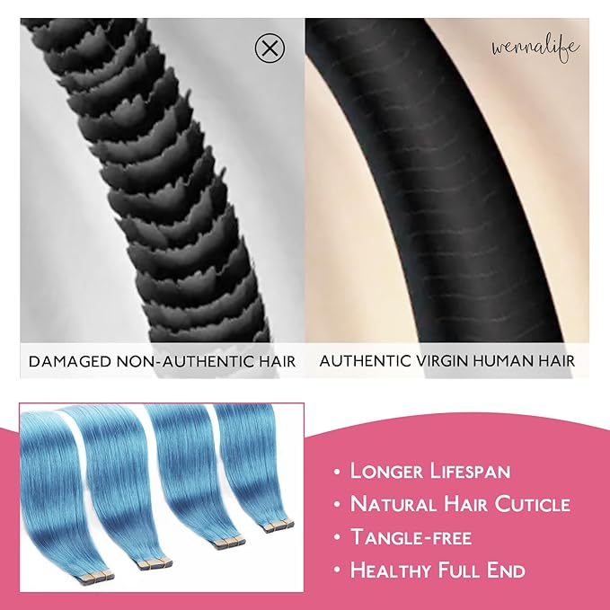 WENNALIFE Tape in Hair Extensions Human Hair Turquoise Tape in Extensions, 10pcs 25g 16 inch Remy Invisible Tape Ins Straight Colored Soft Real Human Hair Tape in Extensions Refill Set Extensions