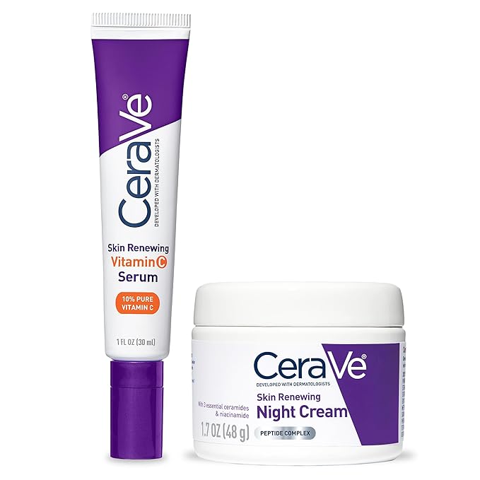 CeraVe Vitamin C Serum and Night Cream Skin Care Set, Brightening Serum with 10% Pure Vitamin C and Night Moisturizer with Peptides, Hyaluronic Acid and Ceramides, 1oz Vit C + 1.7oz Moisturizer