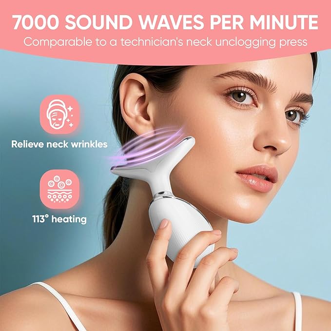 Face and Neck Massager Tool, 7 Colors LED Light Therapy Wand for Wrinkles, Double Chin, Portable Facial Massager with Vibrating and Thermals for Skin Care, Glossy White