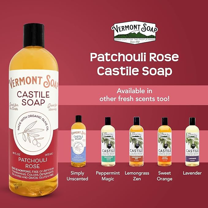 Vermont Castile Soap Patchouli Rose, Gentle Liquid Soap for Sensitive Skin & Natural Body Wash, Organic Hair Shampoo for Oily Hair, Aloe Castile Soap for Men & Women - 16 Oz