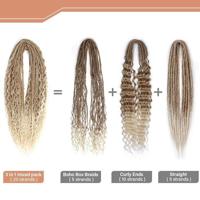 24 Inch Double Ended Dreadlock Extensions Sets, 20 Strands 3 In 1 Mixed Synthetic Dreads Extensions, Brown to Blonde Straight&Curly&Boho Handmade Dreads Hippie Dreadlocks for Woman