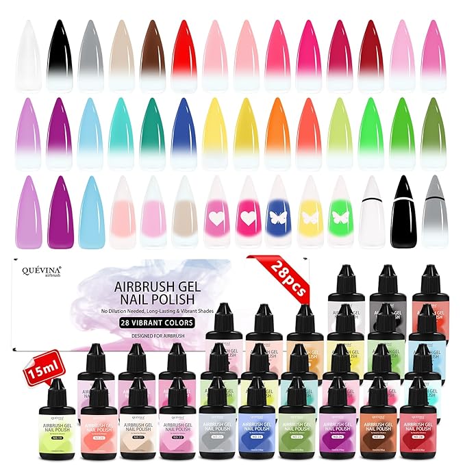 QUEVINA 28 Hot Colors Airbrush Gel Nail Polish Set – Safe, Odorless Formula for Stunning Nail Art – No Dilution Needed, Long-Lasting & Vibrant Shades 28X15ml