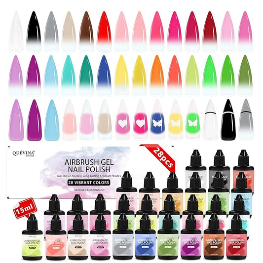 QUEVINA 28 Hot Colors Airbrush Gel Nail Polish Set – Safe, Odorless Formula for Stunning Nail Art – No Dilution Needed, Long-Lasting & Vibrant Shades 28X15ml