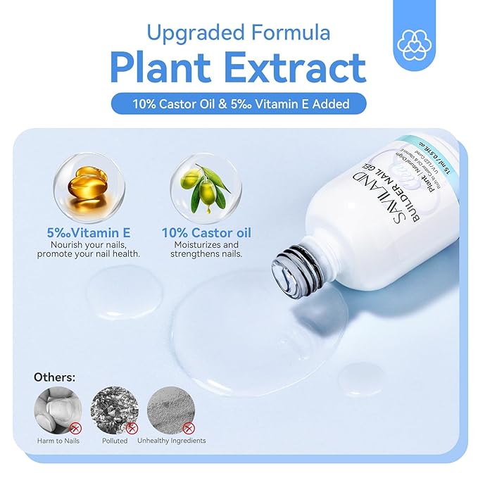 Saviland 15ml Builder Nail Gel In A Bottle Set, 10S Quick-dry Clear Pink Hard Gel Base & Top Gel with Castor Oil & Vitamin E Ingredient Strengthener Extension Repair Nail Art Home Salon