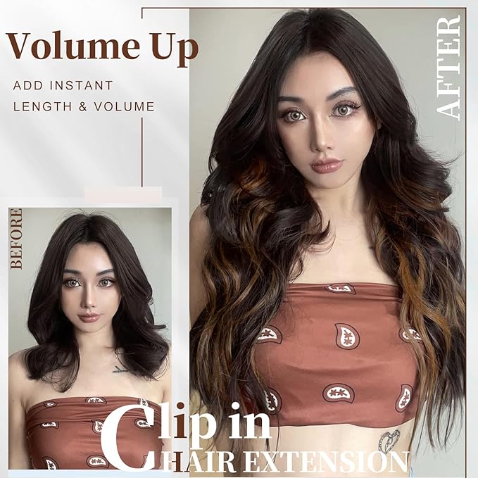 Clip In Synthetic Hair Extensions 6PCS 20 Inch Wavy Long highlights Brown Hair Extensions Thick Clip Ins Hairpieces Double Weft Full Head For Women Extension(230G,Auburn Chestnut)