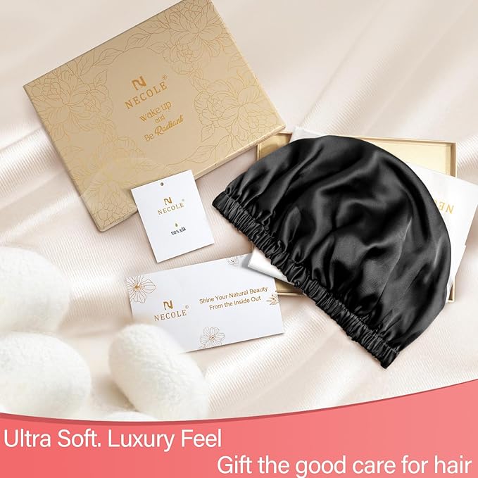 22 Momme 100% Mulberry Double Silk Bonnet for Sleeping Women Double Layer Lined Stay On Head for Hair Care with Adjustable Elastic Band Non-Slip Silk Turban Curly Hair Silk Hair Cap Black