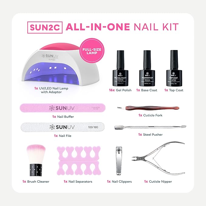 SUNUV Gel Nail Polish Kit with UV Light for Nails SUN2C 48W, 16 Colors Gel Polish Sets, Base and Top Coat with 8 PCS Manicure Tools Gift for Women