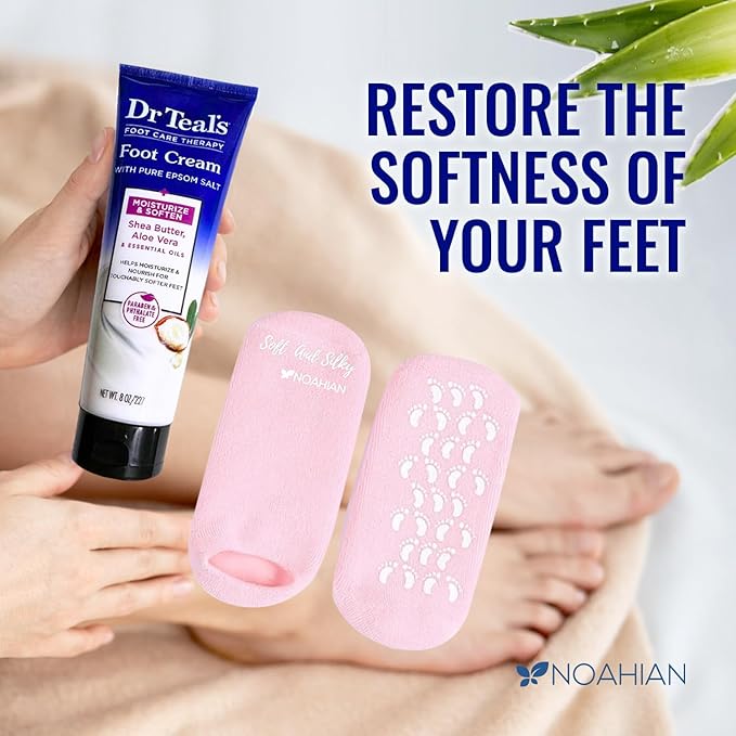 Pure Epsom Salt Foot Cream Gift Set (2 Pack, 8oz Each) - Foot Lotion with Shea Butter & Aloe Vera Essential Oils, Bundled with NOAHIAN Soft and Silky Gel Socks