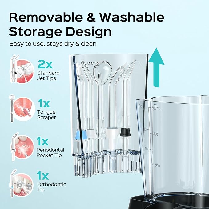 COSLUS Professional Water Flosser for Teeth: 12 Pressure Settings Electric Dental Pick for Orthodontic, Braces, Sensitive Gums - Home Use, 5 Jet Tips for Multiple Users, Family, Black, E2