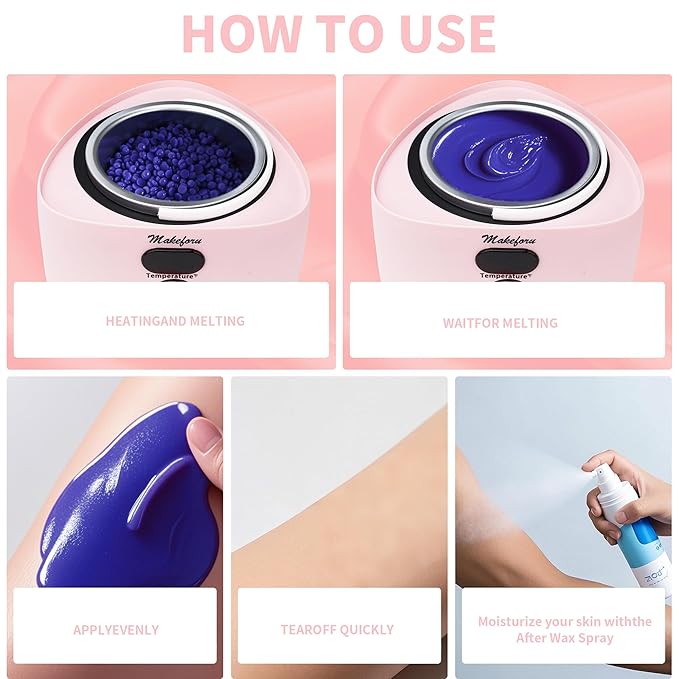 Brazilian Waxing Kit - Bikini & Full Body Hair Removal with Digital Warmer, 4 Scented Wax Beads & 33 Silicone Tools - Home Waxing for Women & Men, Face & Body Care (Pink)