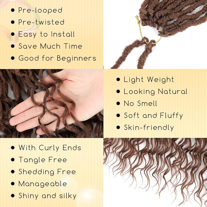 14 Inch 8 Packs Goddess Faux Locs Crochet Hair with Curly Ends Bohemian Curly Crochet River Locs Braids Hair for Women Brown Hippie Locs Synthetic Crochet Braids Hair Brown Color