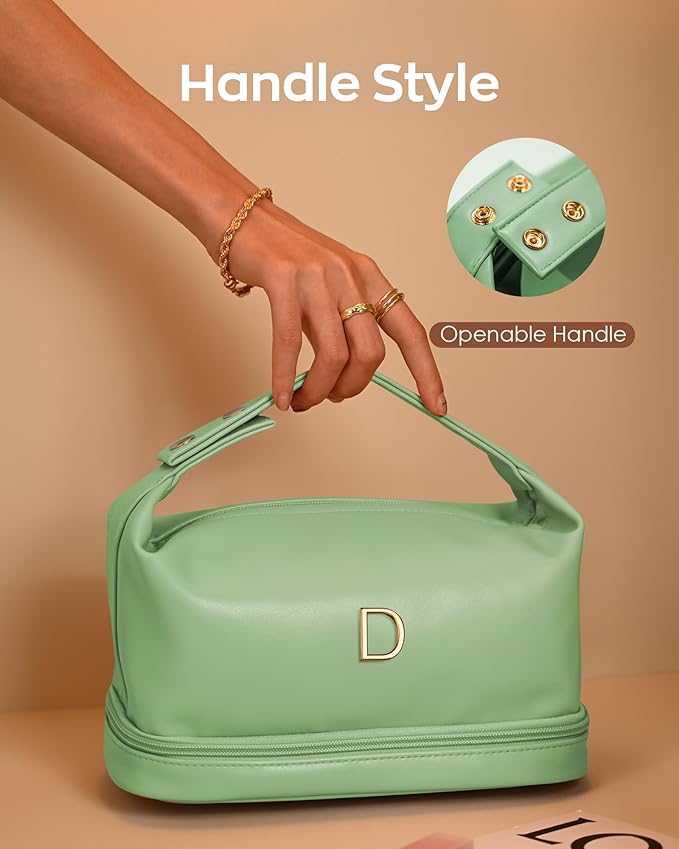 Makeup Bag For Teens 16-18, Personalized Makeup Bag with Handle, Initial Double Layer Cosmetic Bag with Makeup Brush Organizer,Birthday Gift Gifts for 11 12 13 14 15 16 17 18 19 Year Old