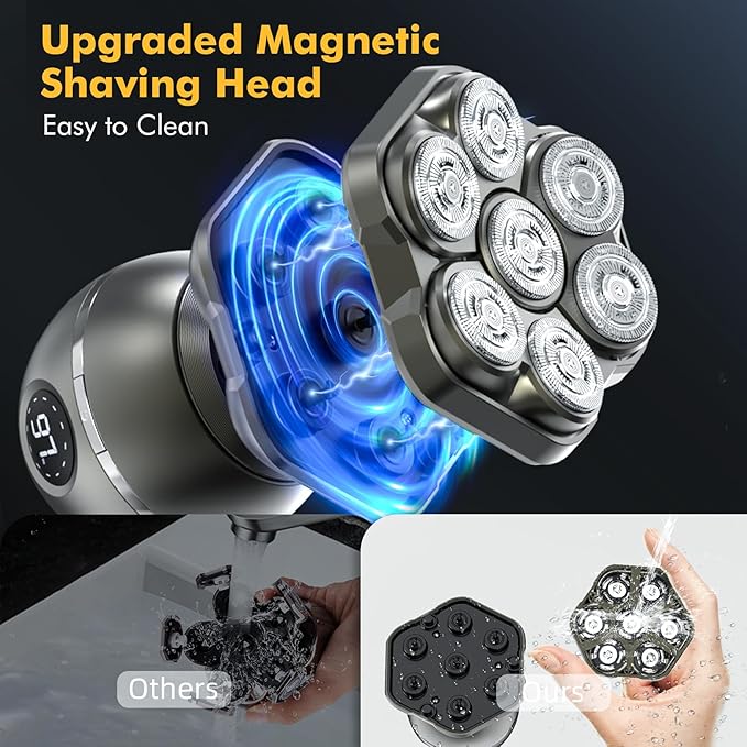 Head Shavers for Bald Men, 7D Magnetic Bald Head shavers Waterproof Mens Head Shaver for Wet/Dry Use, LED Display Electric Razor Type-C Wireless Charging, 360°Close Shave for Men