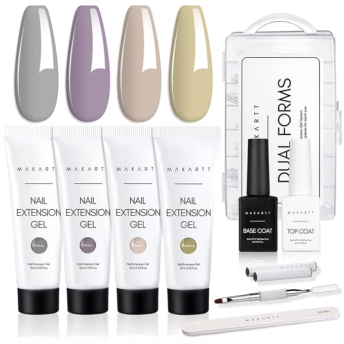 Makartt Poly Nail Gel Kit, High Tea Collection,Extension Build Enhancement All-in-one Kit for BeginnerTechnician with Base Top Coat Nail Brush File Dual Forms Tools 15ML 4 Colors