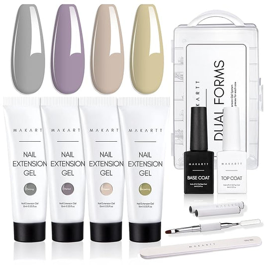 Makartt Poly Nail Gel Kit, High Tea Collection,Extension Build Enhancement All-in-one Kit for BeginnerTechnician with Base Top Coat Nail Brush File Dual Forms Tools 15ML 4 Colors