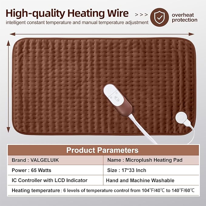 17x33 Heating Pad for Pain Relief | Ultra-Soft Microplush Fabric | 6 Adjustable Heat Settings (Moist & Dry) | Safe 2-Hour Auto Shut-Off | Perfect for Back, Neck, Shoulders | Great Gift Idea
