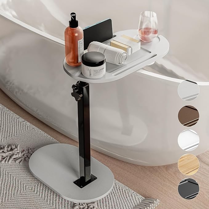 Bamboo Bathtub Tray Table with Adjustable Height, Freestanding Bathtub Caddy for Tub Against Wall, Tub Organizer Suitable for Luxury Spa and House Warming - Patent Protected (Gray)