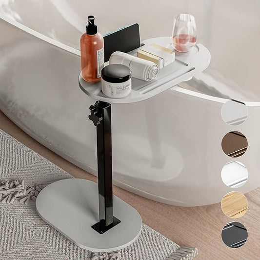 Bamboo Bathtub Tray Table with Adjustable Height, Freestanding Bathtub Caddy for Tub Against Wall, Tub Organizer Suitable for Luxury Spa and House Warming - Patent Protected (Gray)