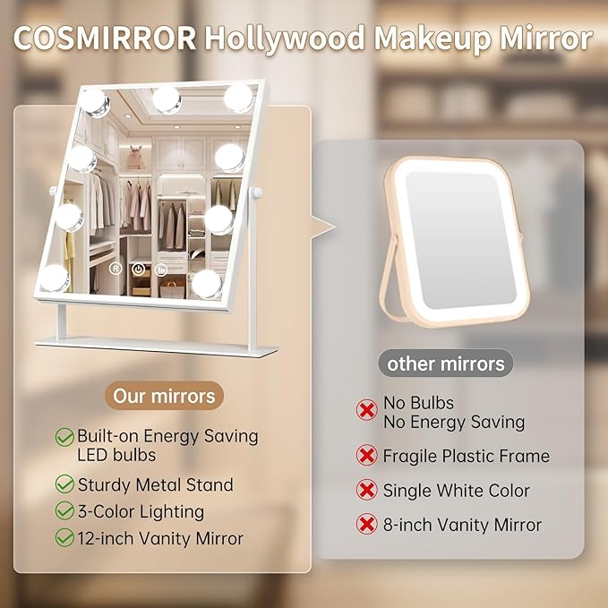 COSMIRROR Hollywood Makeup Mirror with Lights, Lighted Vanity Mirror with 9 Dimmable Bulbs and 3 Color Lighting Modes, Smart Touch Control, Plug in Light Up Mirror (White)