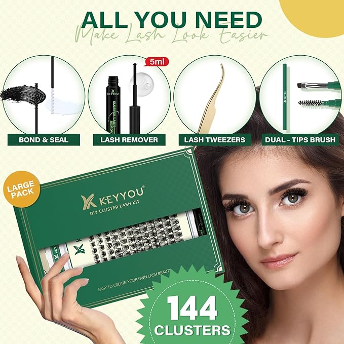 DIY Lash Extension Kit KEYYOU 144pcs Lash Clusters Eyelash Extension Kit with Mascara Brush Bond and Seal Lash Glue Remover Lash Applicators Lash Brush Clean Pad for DIY Lash Extensions (Y41 Kit)
