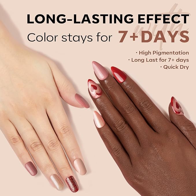 modelones Nail Polish Set 6 Colors, Nude Brown Burgundy Glitter Quick Dry Mini Nail Lacquer Kit, Skin Tone Dark Red Pink Nail Art DIY Home Travel Salon Nail Art Manicure Gift for Women Girls