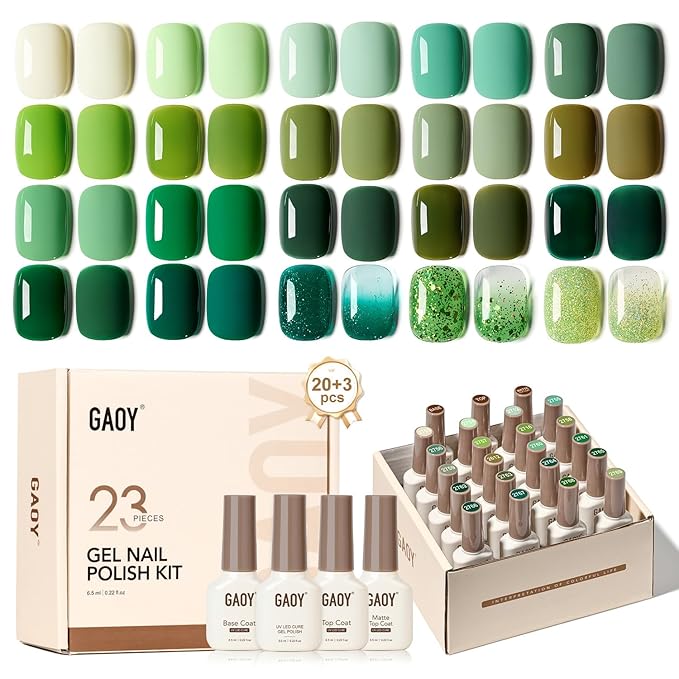 GAOY 23 Pcs Gel Polish Kit, Green Glitter Colors All Seasons Gel Nail Polish Set with Glossy & Matte Top Coat and Base Coat for Nail Art Home DIY