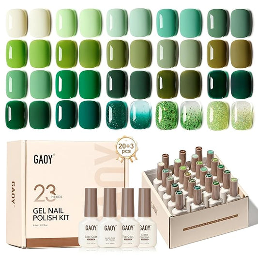 GAOY 23 Pcs Gel Polish Kit, Green Glitter Colors All Seasons Gel Nail Polish Set with Glossy & Matte Top Coat and Base Coat for Nail Art Home DIY