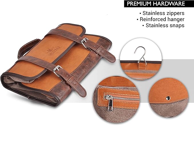 Vetelli Leather Toiletry Bag for Men - Water Resistant, 2 Zippered Internal Pockets, 2 Snap-Fastened Internal Pockets, and Hanging Hook.