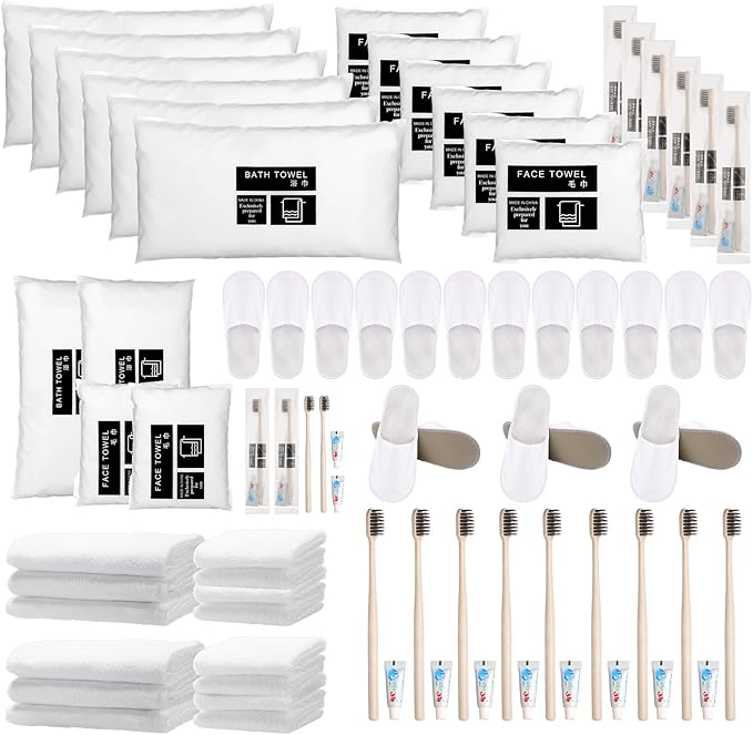Uiifan 30 Sets Basic Toiletry Homeless Personal Set Disposable House Slippers Disposable Towel Washcloth face Cloths Disposable Toothbrush with Toothpaste Individually Wrapped for Spa Hotel Camp Hike