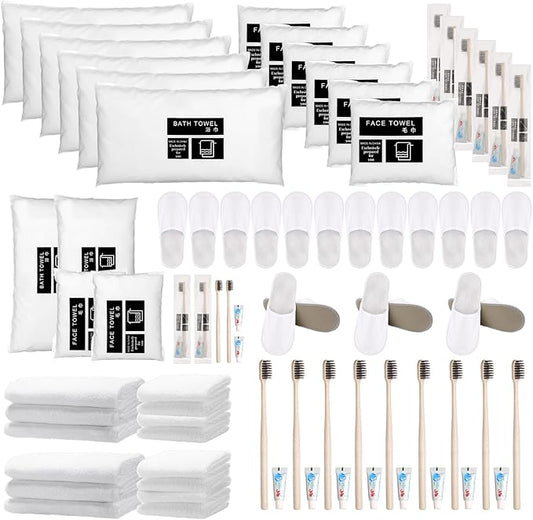 Uiifan 30 Sets Basic Toiletry Homeless Personal Set Disposable House Slippers Disposable Towel Washcloth face Cloths Disposable Toothbrush with Toothpaste Individually Wrapped for Spa Hotel Camp Hike