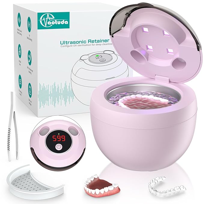 45kHz Ultrasonic Retainer Cleaner Machine, 200ML Denture Cleaner, 4 Modes with Digital Timer Mouth Guard Cleaner for Aligner, Night Guard, Braces, Toothbrush, Jewelry and More (Pink)