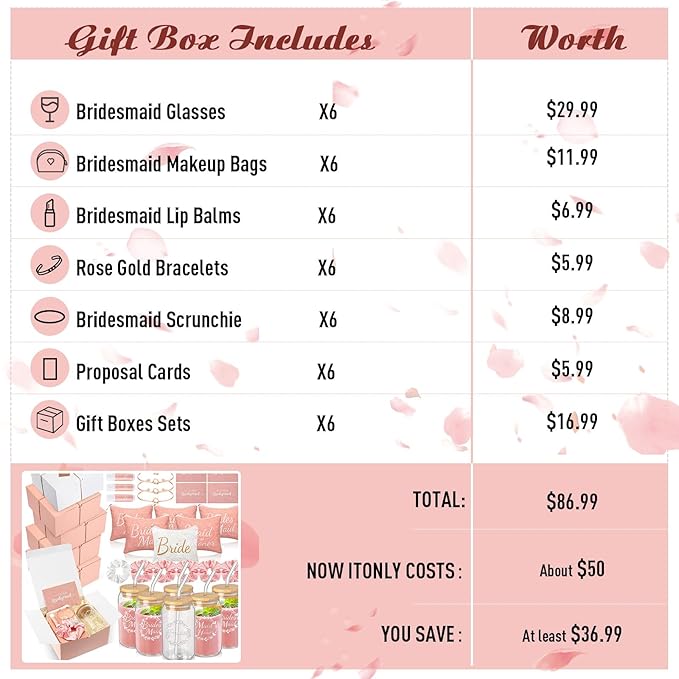 54 Pcs Bridesmaid Proposal Gifts Bridesmaid Box Set Include Bridal Shower Gift Box Makeup Bag Invited Card Glass Cup Lip Balm Scrunchie Hair Knotted Bracelet for Maid of Honor(Pink, White)